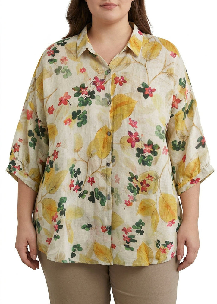 Galina - Elegant Print Peter Pan Krave Knap Sommer Linned Top Tre Kvart Ærme