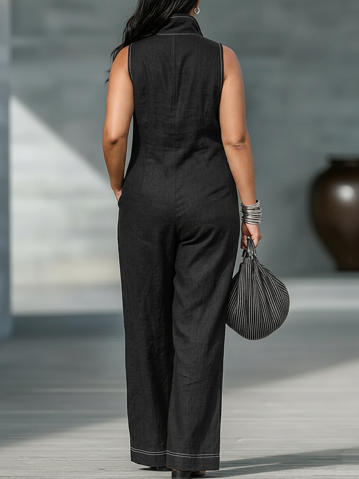 Kvindernes minimalistiske ærmeløse jumpsuit med hvid kant