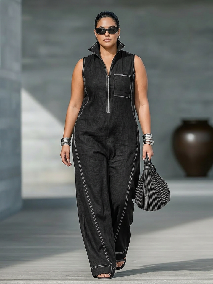 Kvindernes minimalistiske ærmeløse jumpsuit med hvid kant