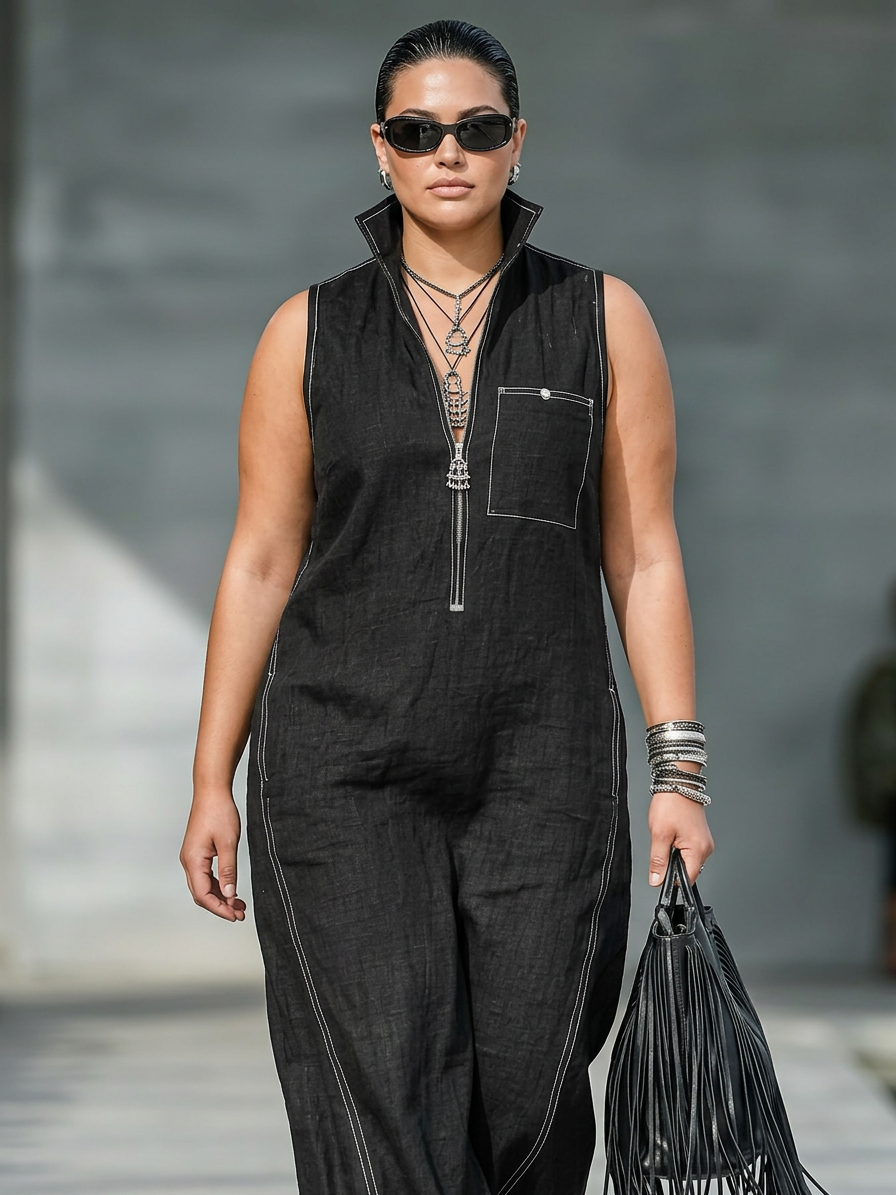 Kvindernes minimalistiske ærmeløse jumpsuit med hvid kant