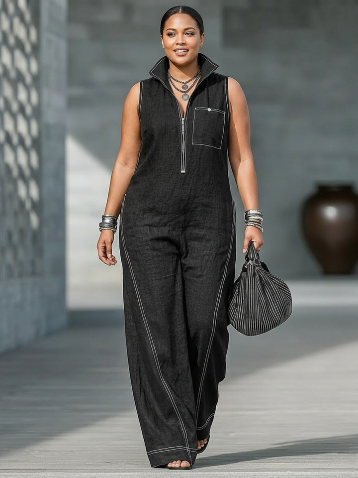 Kvindernes minimalistiske ærmeløse jumpsuit med hvid kant