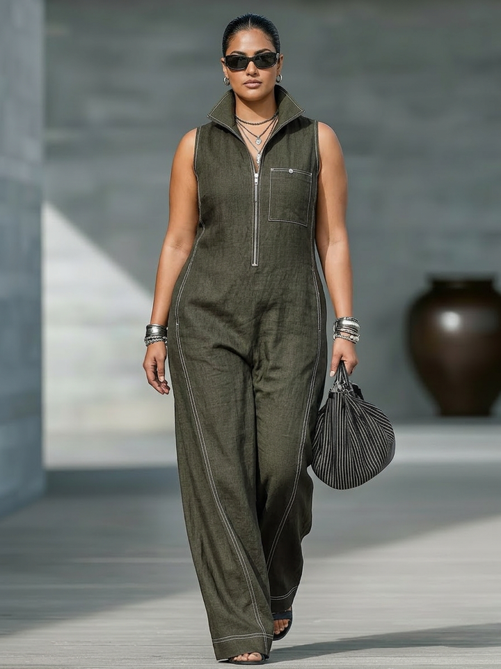 Kvindernes minimalistiske ærmeløse jumpsuit med hvid kant