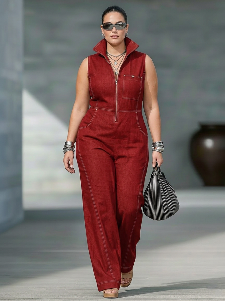 Kvindernes minimalistiske ærmeløse jumpsuit med hvid kant