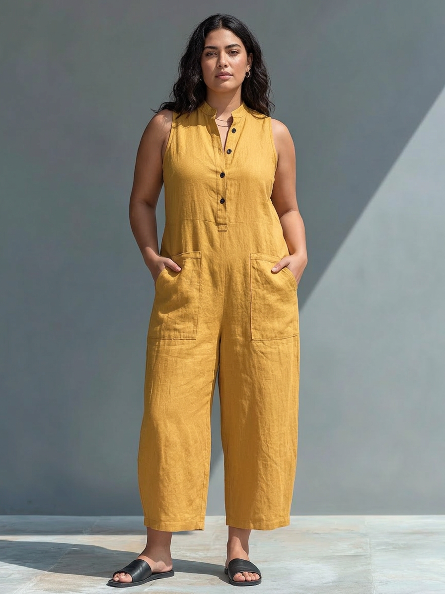 Ærmeløs Minimalistisk Jumpsuit til Kvinder med Høj Krave og Knapper