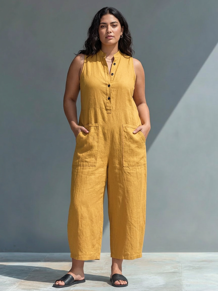 Ærmeløs Minimalistisk Jumpsuit til Kvinder med Høj Krave og Knapper