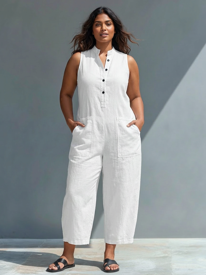 Ærmeløs Minimalistisk Jumpsuit til Kvinder med Høj Krave og Knapper