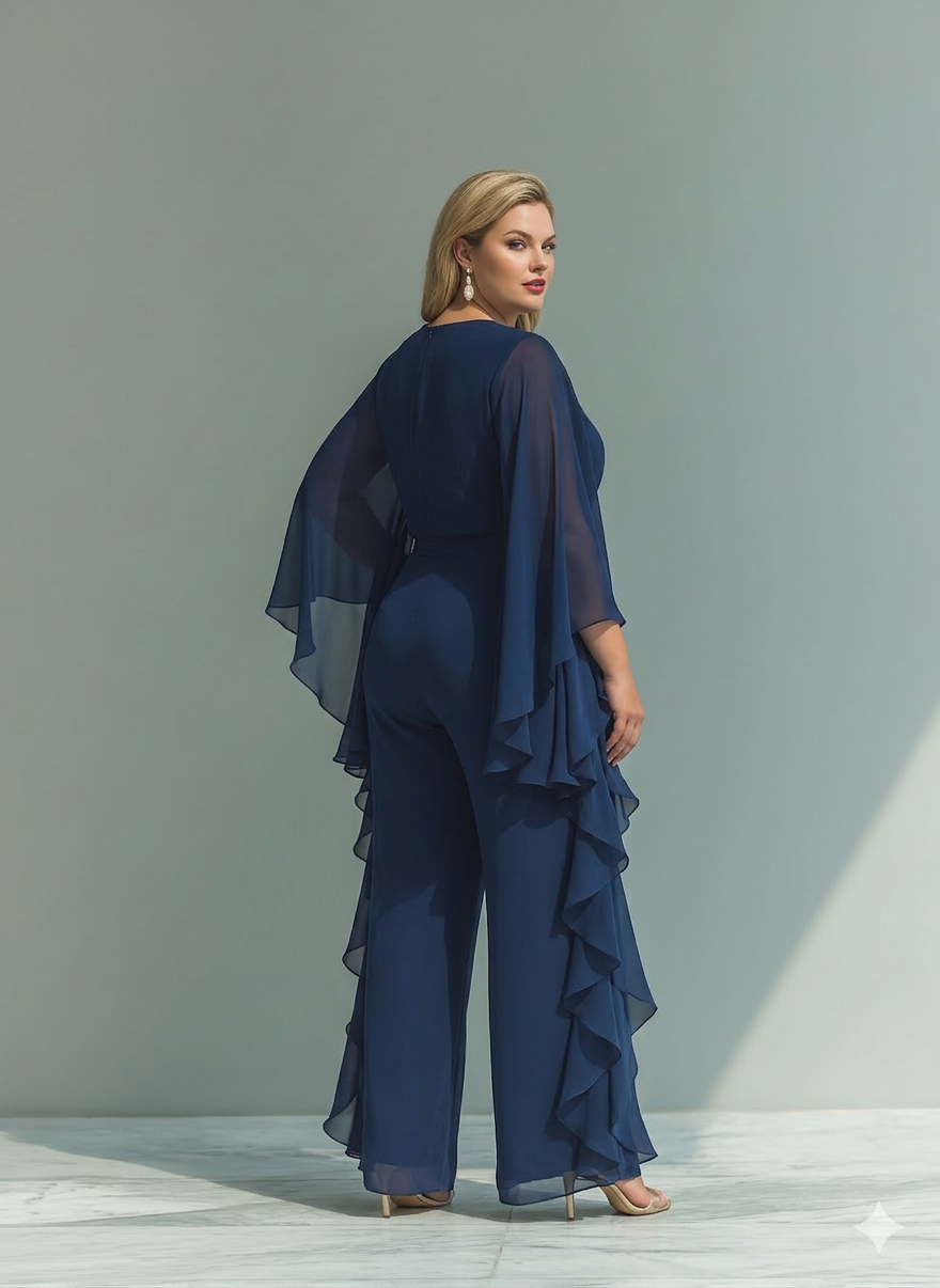 Navy Blue Chiffon Top Sæt med Flared Ærmer og Lige Ben Bukser med Ruché Detaljer