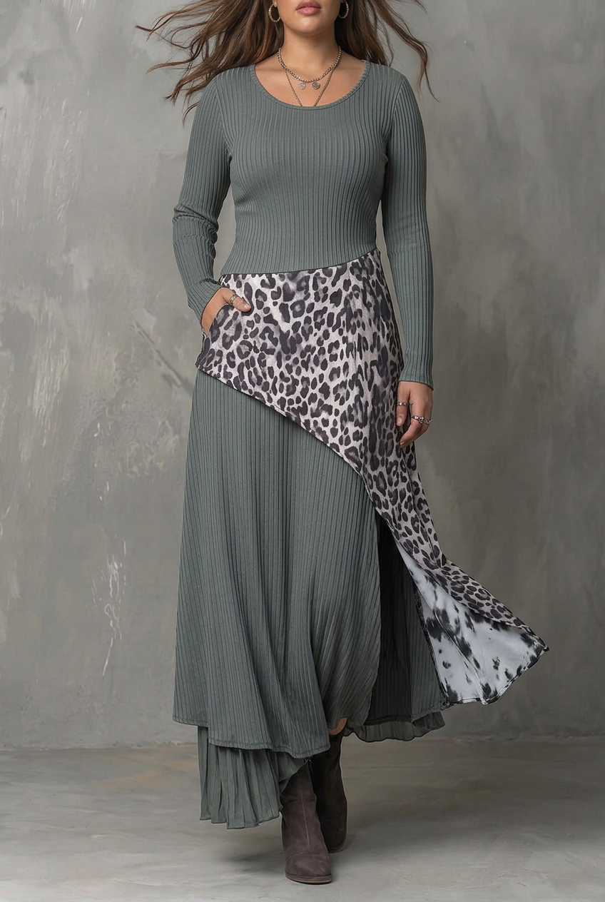 Grå Pit Stripe Leopard Print Splicing Asymmetrisk Kant Maxi Kjole