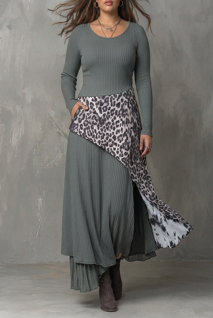 Grå Pit Stripe Leopard Print Splicing Asymmetrisk Kant Maxi Kjole