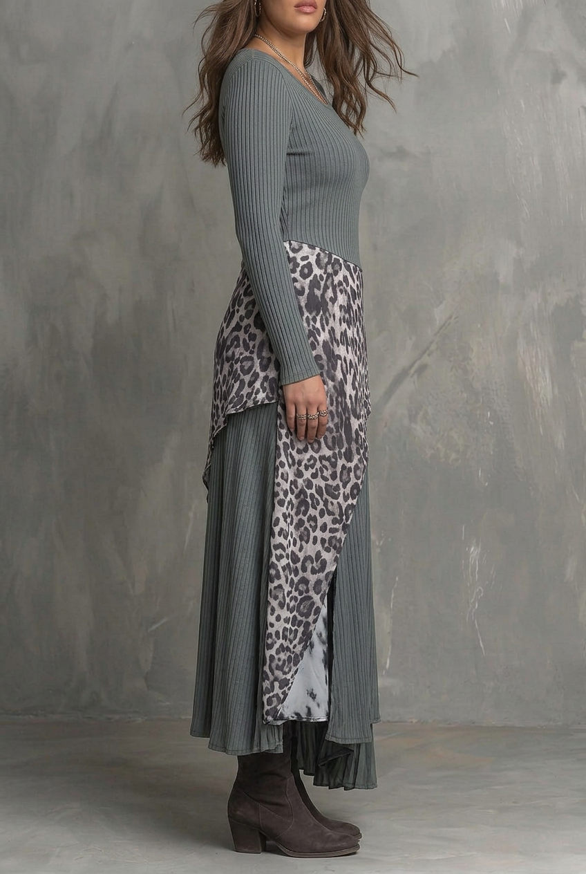 Grå Pit Stripe Leopard Print Splicing Asymmetrisk Kant Maxi Kjole