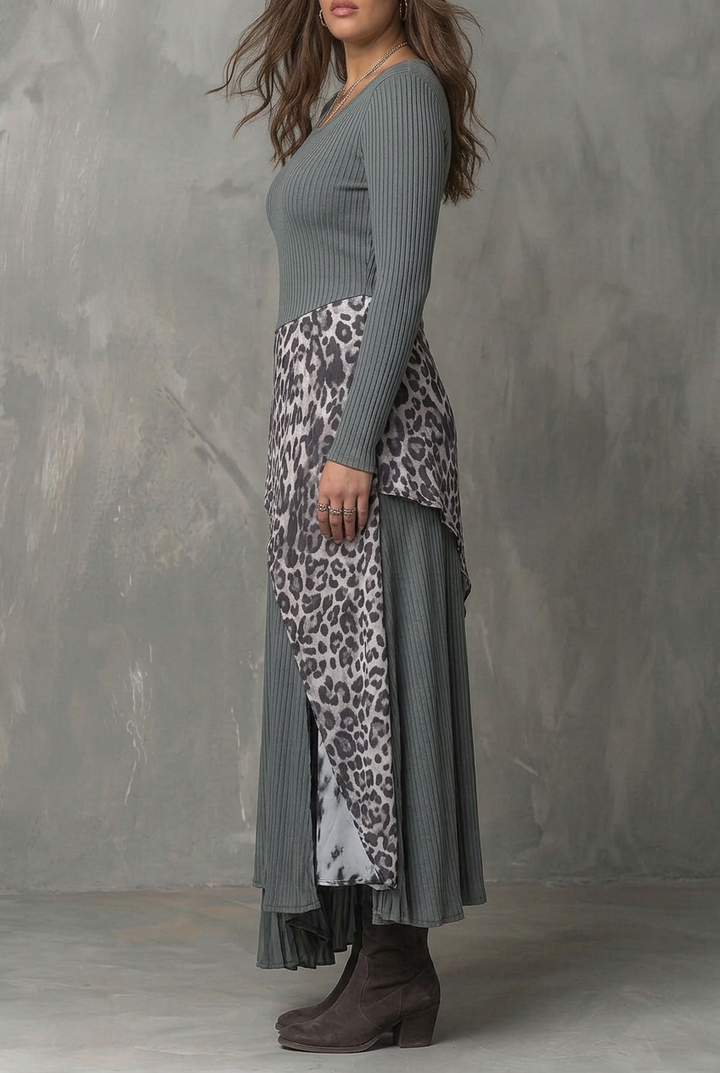 Grå Pit Stripe Leopard Print Splicing Asymmetrisk Kant Maxi Kjole