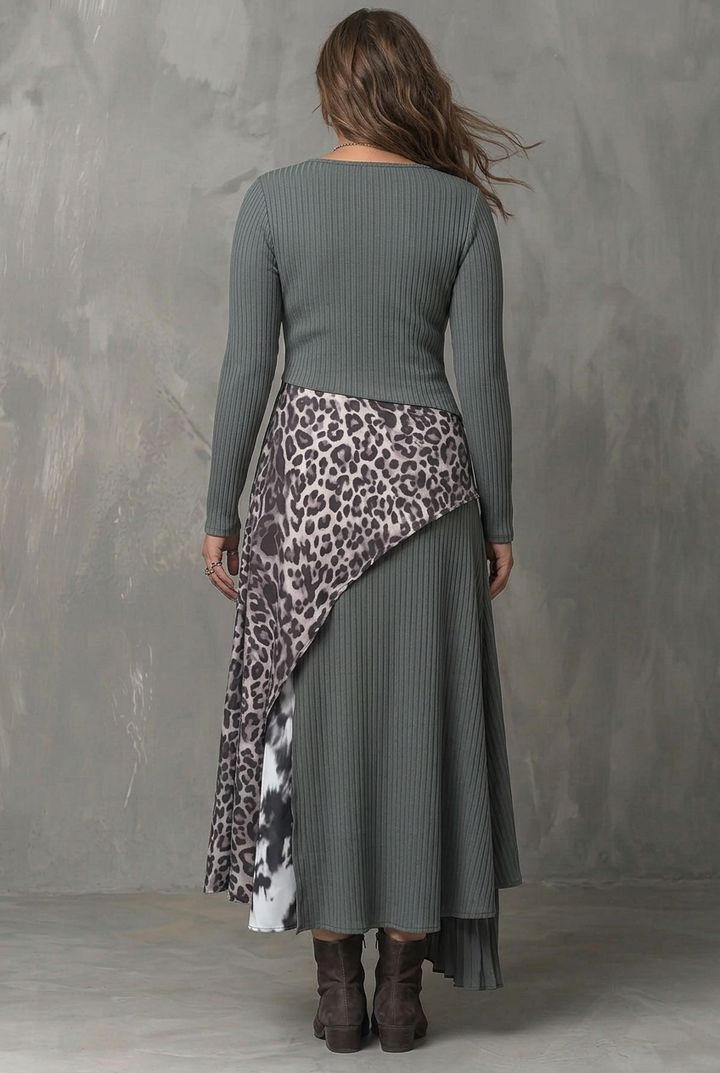 Grå Pit Stripe Leopard Print Splicing Asymmetrisk Kant Maxi Kjole