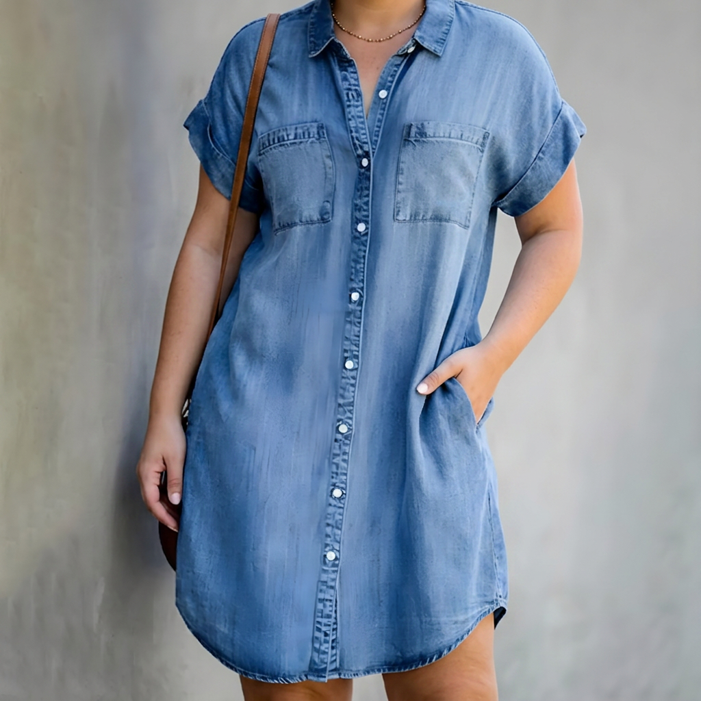 Lavinia | Kvinders Denim Skjorte Kjole med Korte Ærmer