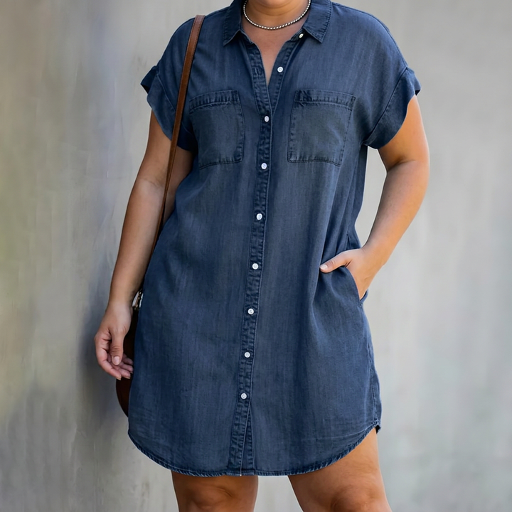 Lavinia | Kvinders Denim Skjorte Kjole med Korte Ærmer