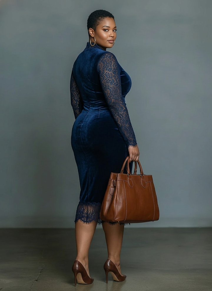 Elegant og Modebevidst Mørkeblå Velour Midi Slim-fit V-hals Kjole til Kvinder med Blonde Udenfor og Ærmer