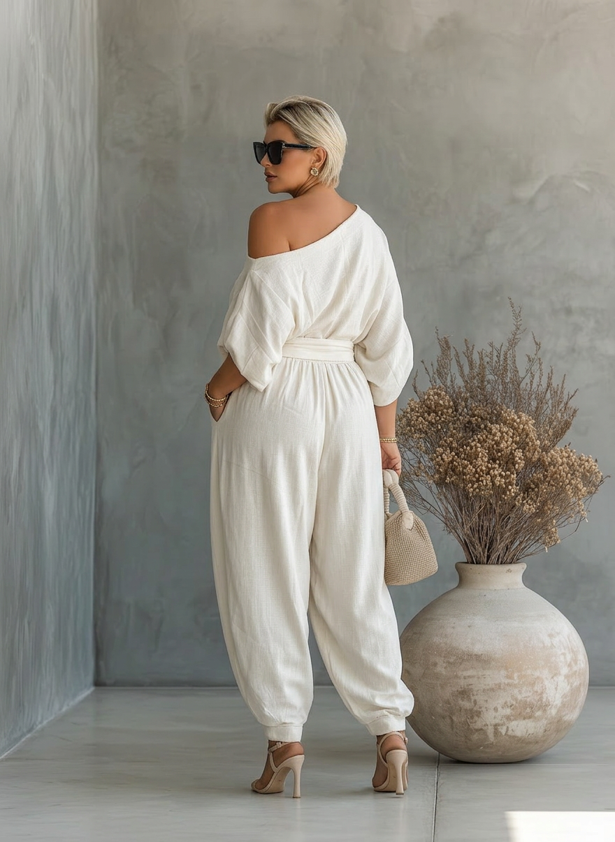 Kvinders Off-White Sæt med Off-Shoulder Top og Tapered Bukser