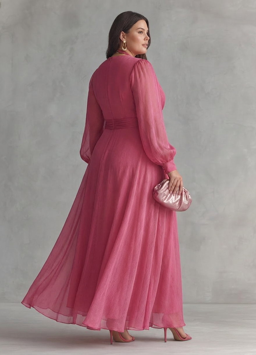 Elegant lang pink chiffonkjole med perler og V-udskæring til kvinder