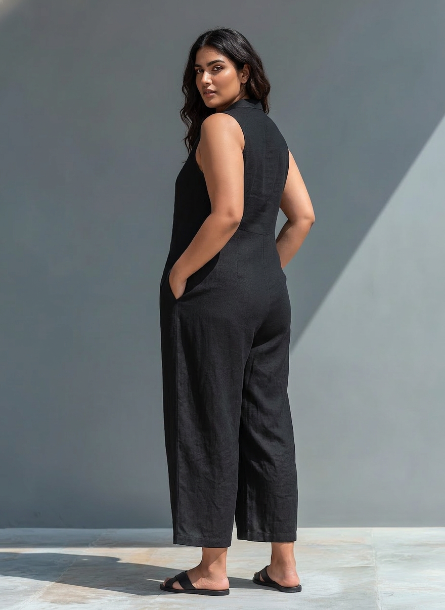 Ærmeløs Minimalistisk Jumpsuit til Kvinder med Høj Krave og Knapper