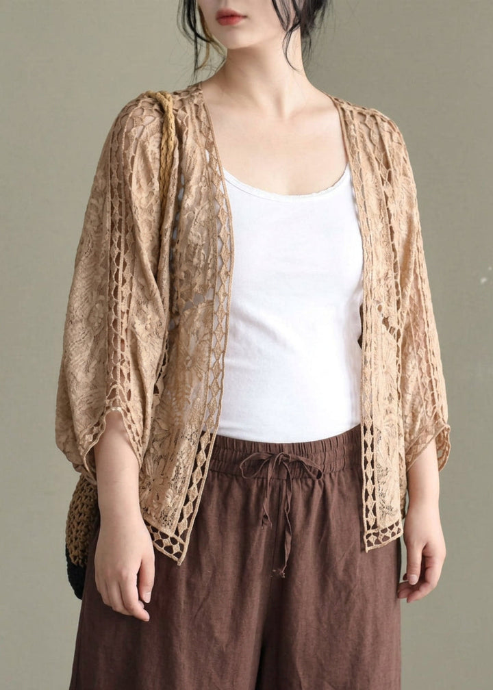 Niamh - Moderne Khaki Jacquard Hule Udstansede Kort Cardigans