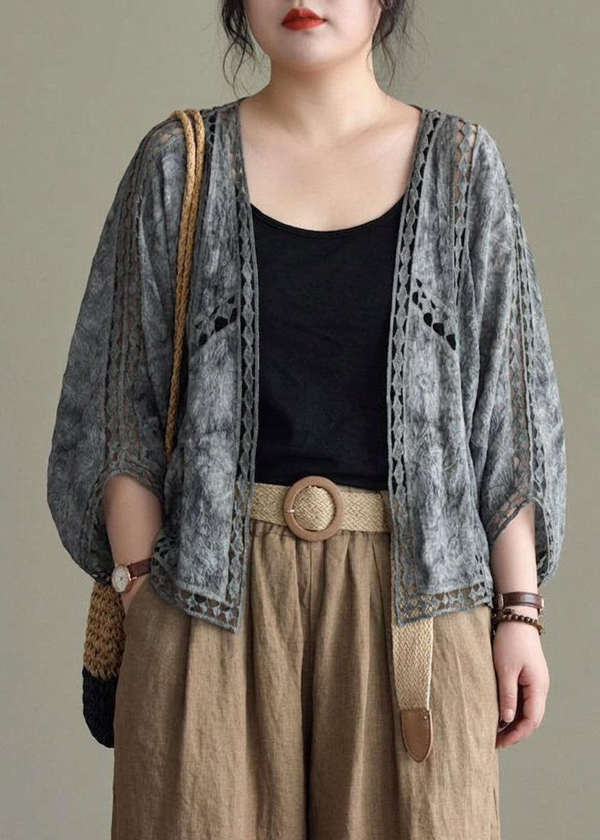 Niamh - Moderne Khaki Jacquard Hule Udstansede Kort Cardigans