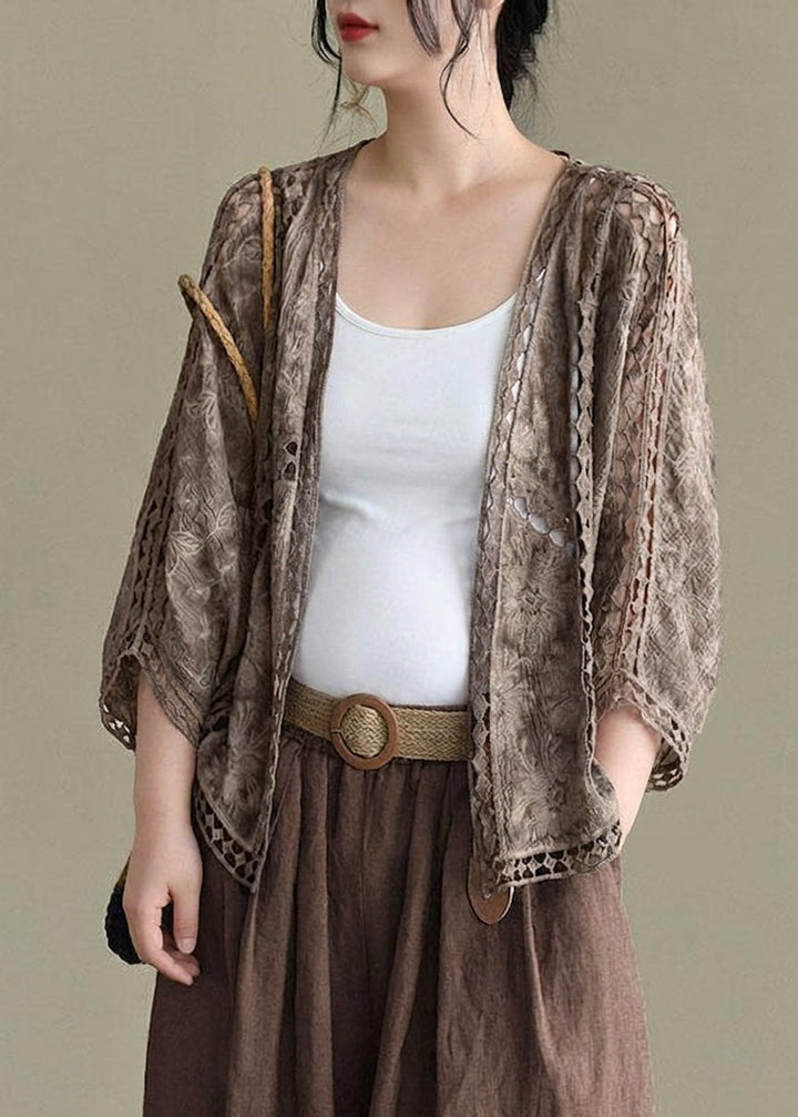 Niamh - Moderne Khaki Jacquard Hule Udstansede Kort Cardigans