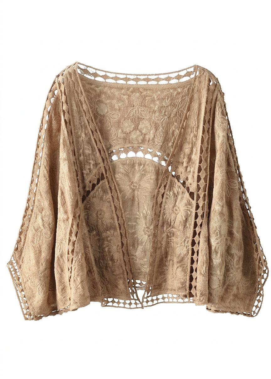 Niamh - Moderne Khaki Jacquard Hule Udstansede Kort Cardigans
