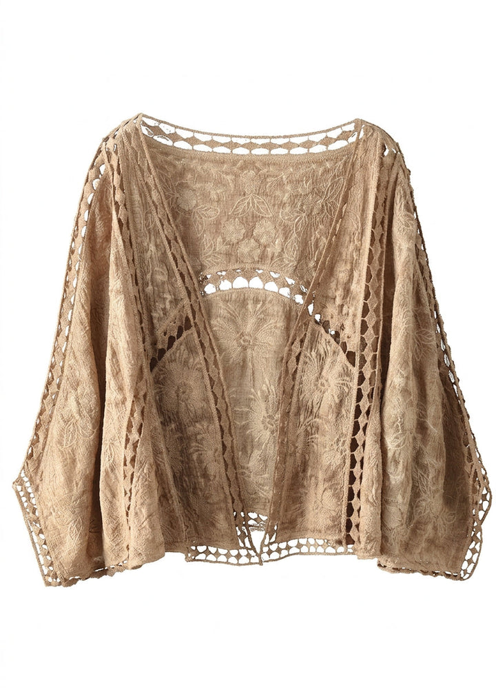 Niamh - Moderne Khaki Jacquard Hule Udstansede Kort Cardigans
