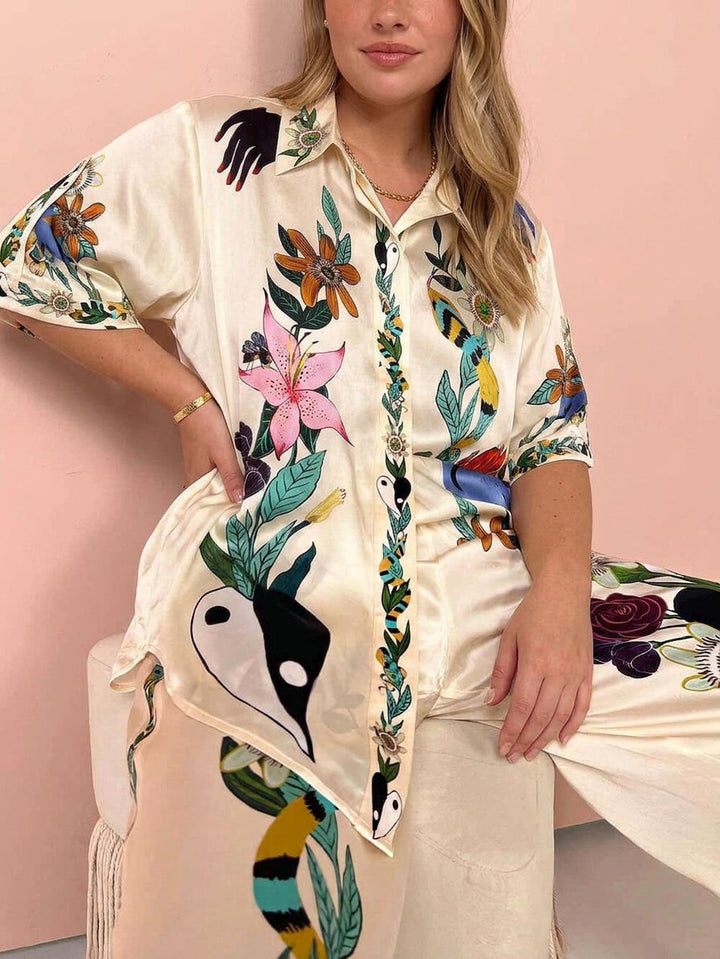Ffion | Resort Vibes Satin unik print skjorte &amp; Bukser sæt Fit