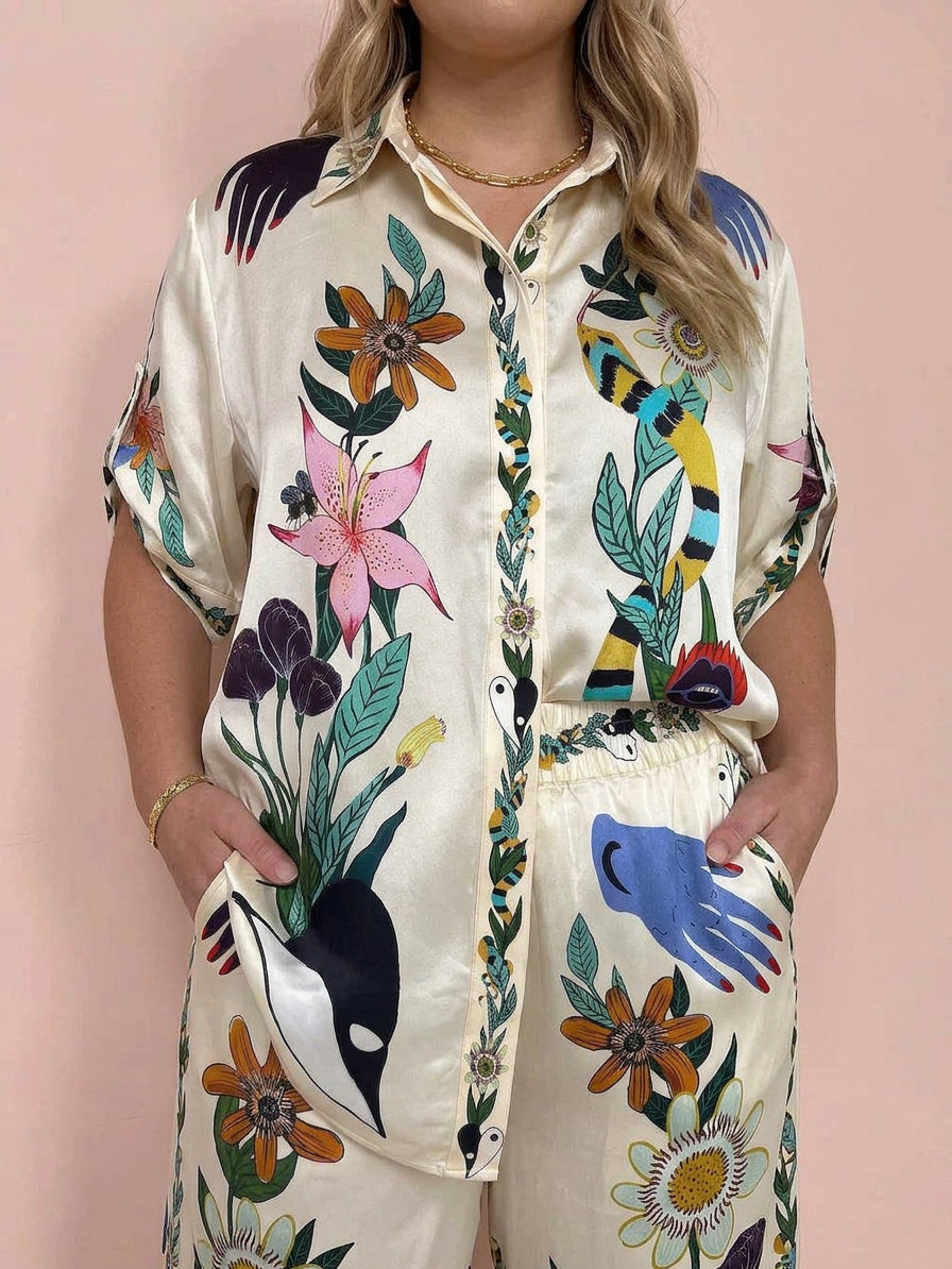 Ffion | Resort Vibes Satin unik print skjorte &amp; Bukser sæt Fit