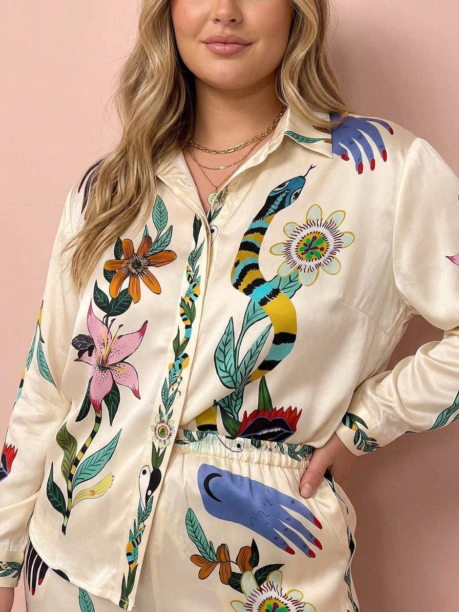 Ffion | Resort Vibes Satin unik print skjorte &amp; Bukser sæt Fit