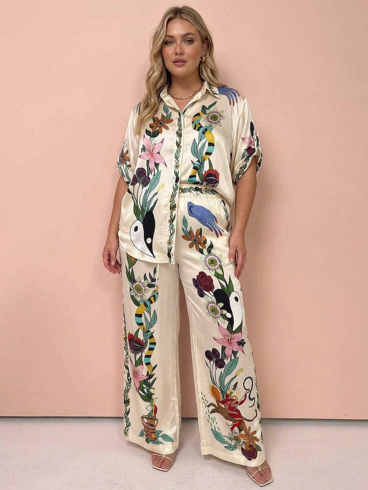 Ffion | Resort Vibes Satin unik print skjorte &amp; Bukser sæt Fit