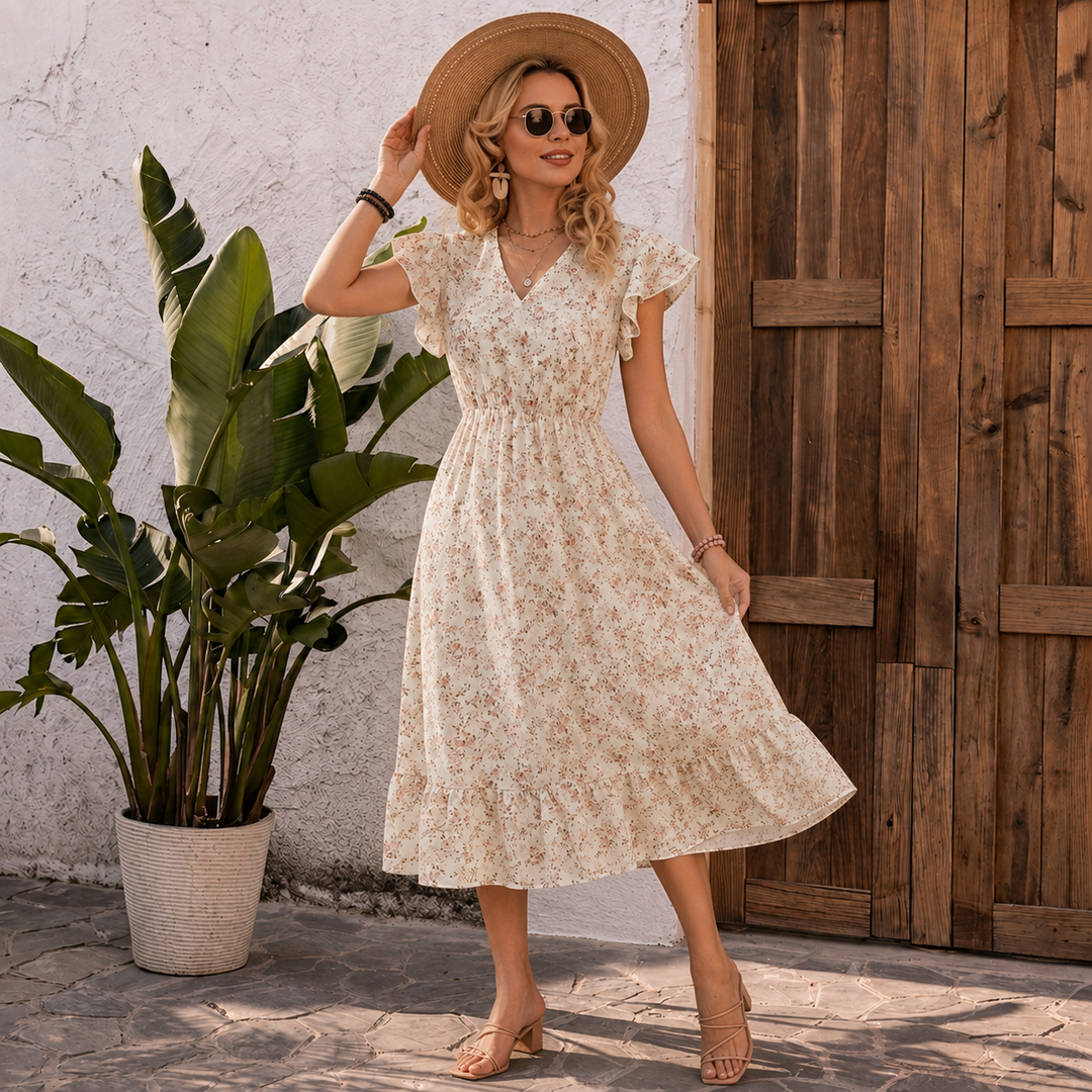 Pia - Blomster V-Hals Smocket Talje Ruffle Maxi Kjole