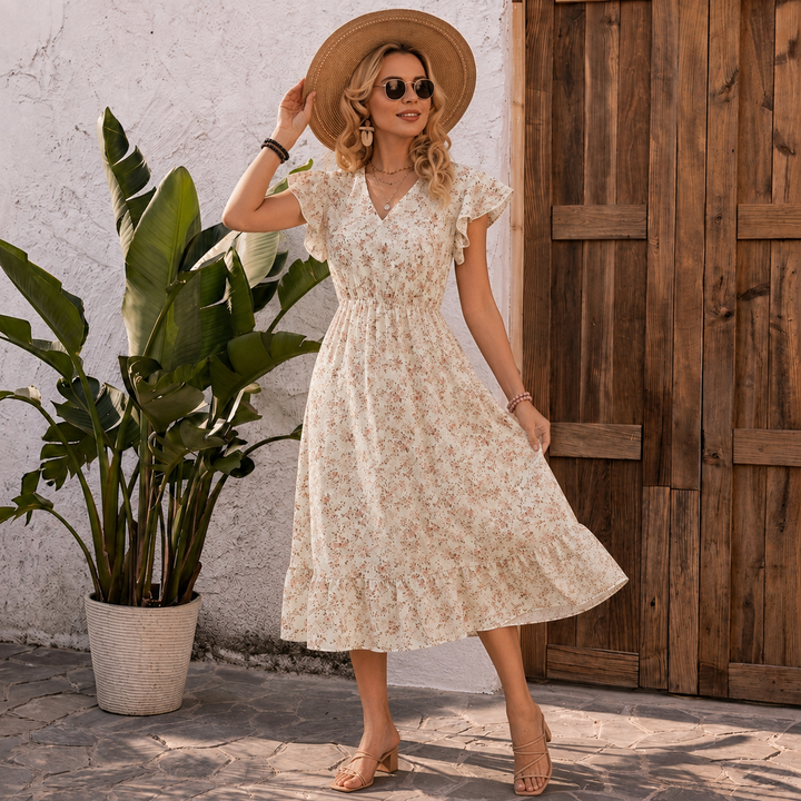 Pia - Blomster V-Hals Smocket Talje Ruffle Maxi Kjole