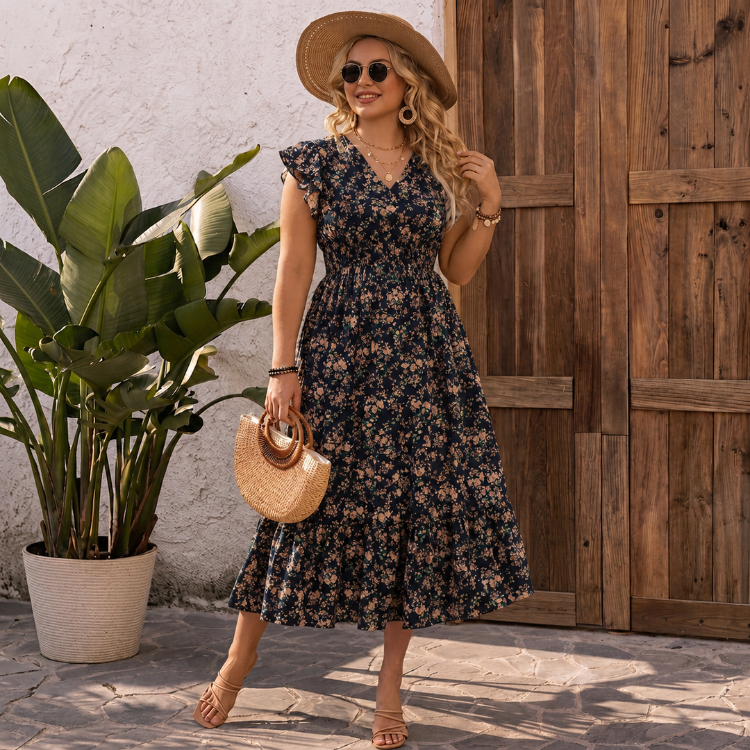 Pia - Blomster V-Hals Smocket Talje Ruffle Maxi Kjole
