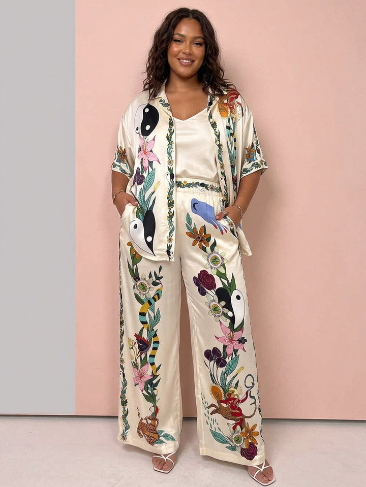 Ffion | Resort Vibes Satin unik print skjorte &amp; Bukser sæt Fit