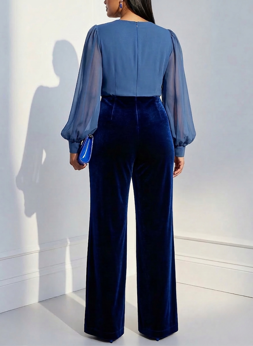 Blå mesh V-hals langærmet fløjl jumpsuit
