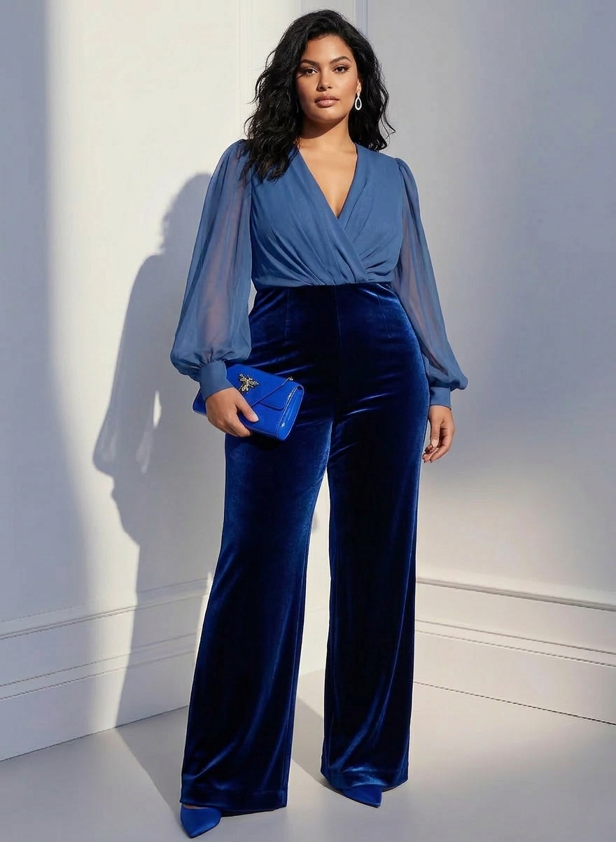 Blå mesh V-hals langærmet fløjl jumpsuit