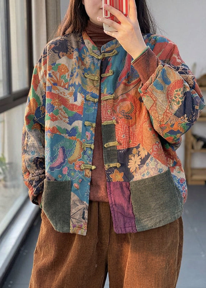 Colette - Vintage Rød Lommer Knap Print Efterår Langærmet Frakke