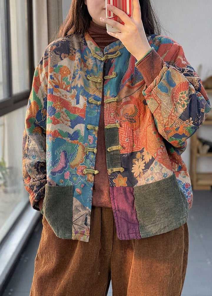 Colette - Vintage Rød Lommer Knap Print Efterår Langærmet Frakke