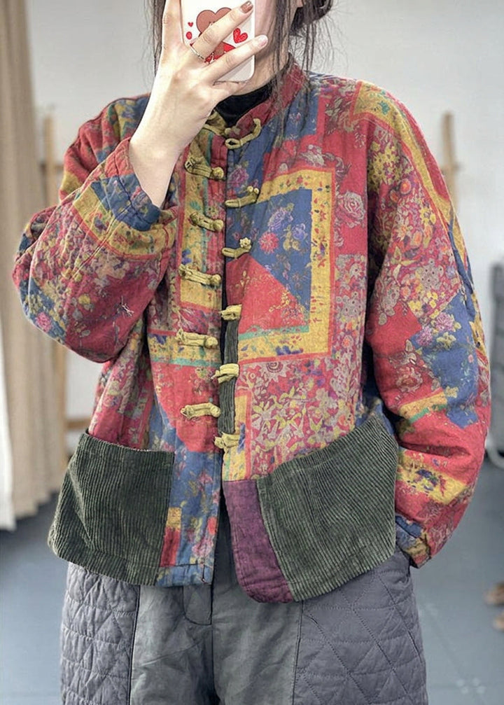 Colette - Vintage Rød Lommer Knap Print Efterår Langærmet Frakke