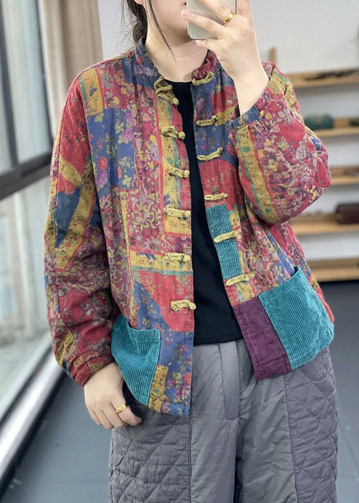 Colette - Vintage Rød Lommer Knap Print Efterår Langærmet Frakke