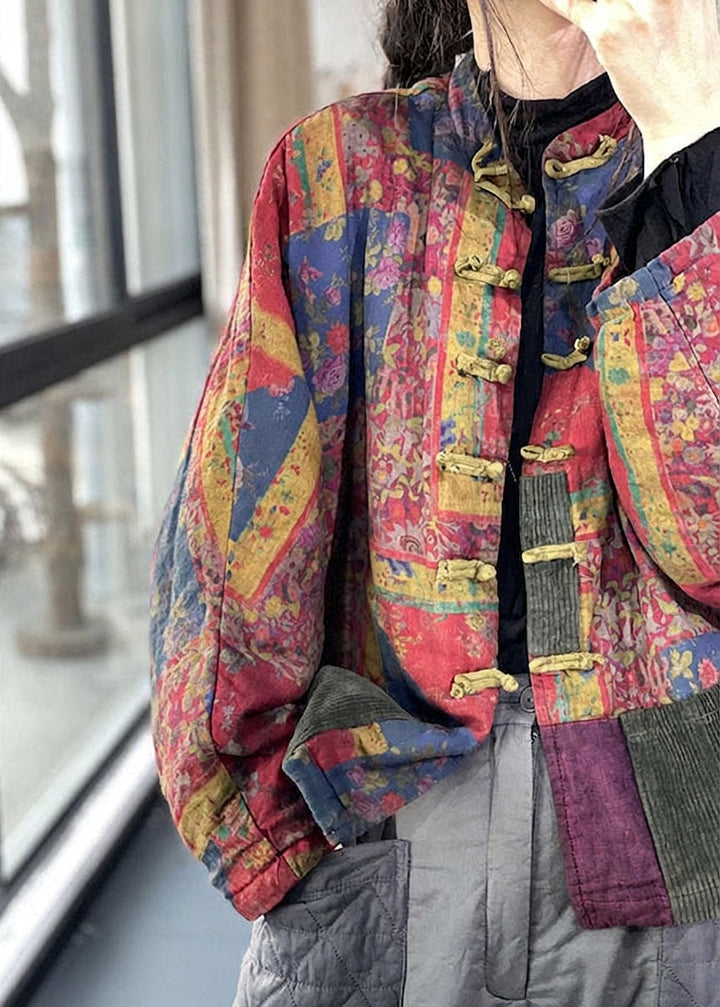 Colette - Vintage Rød Lommer Knap Print Efterår Langærmet Frakke