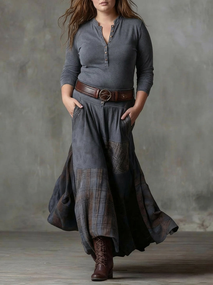 Frankie | Vintage Lang Kjole i Marineblå Suede Tjek (Inkluderer Bælte)