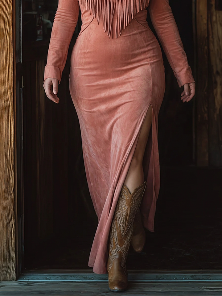 Vintage Western Tøjdæmper Broderet Pink Faux Suede Maxi Kjole