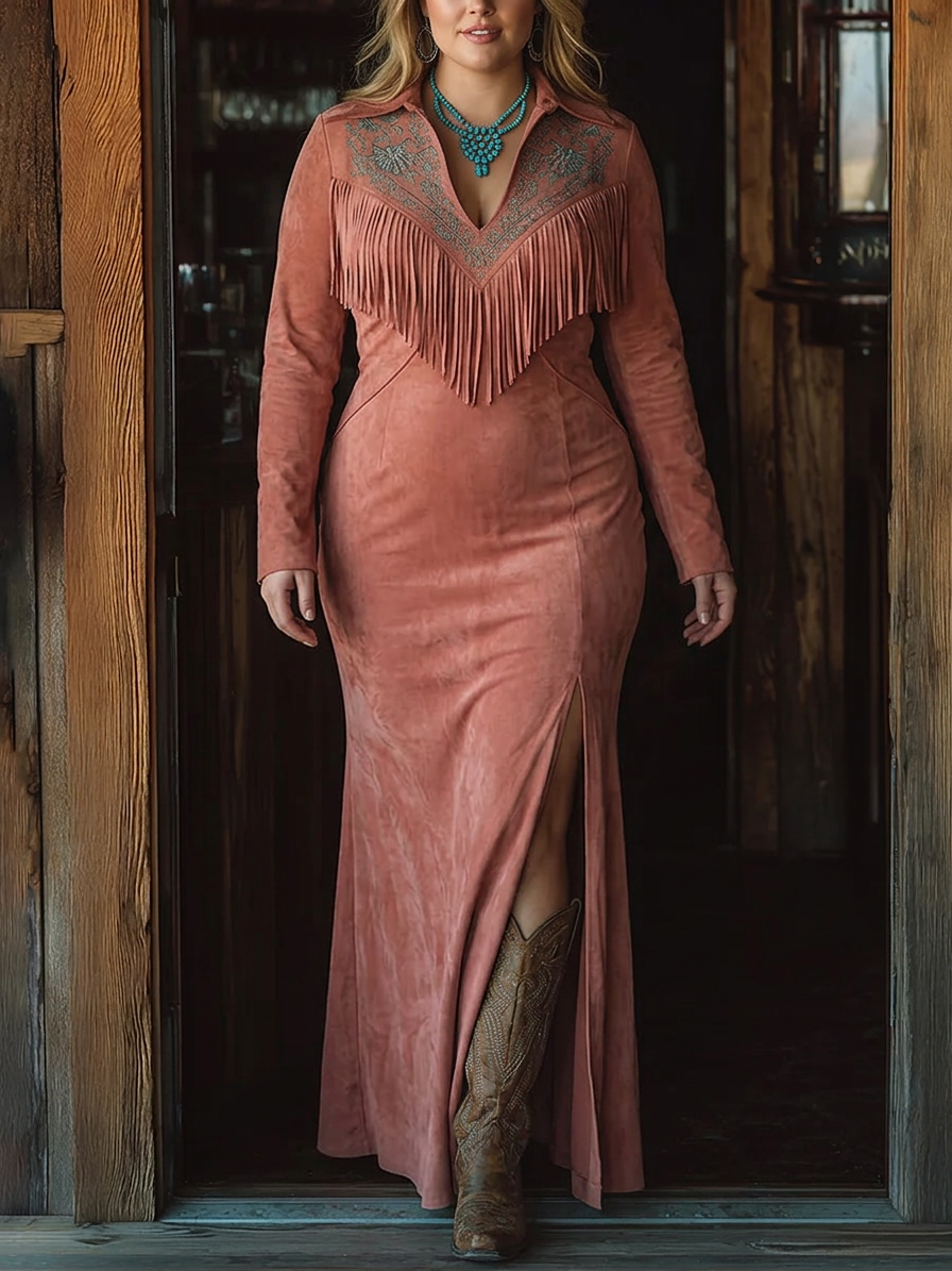 Vintage Western Tøjdæmper Broderet Pink Faux Suede Maxi Kjole