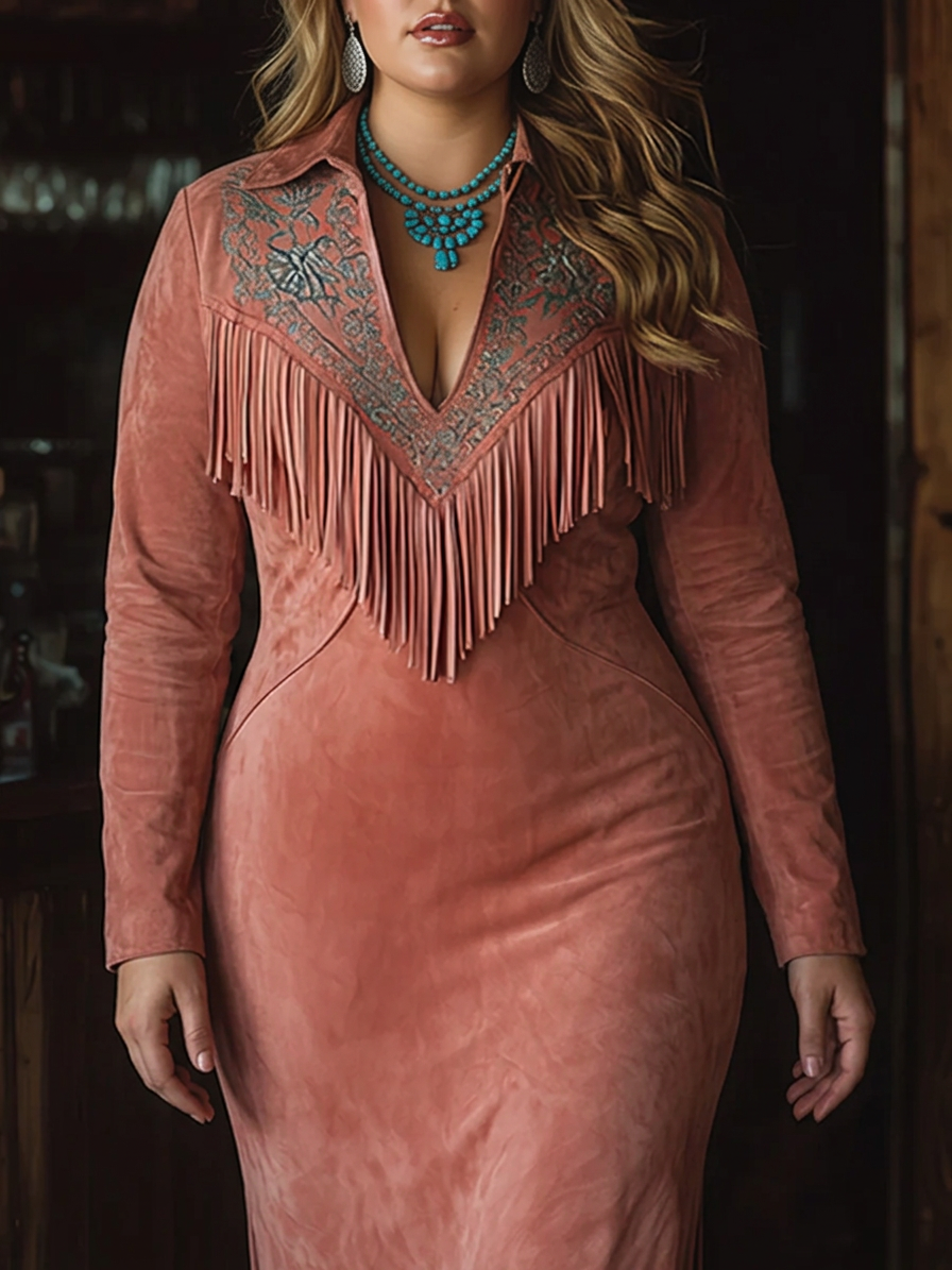 Vintage Western Tøjdæmper Broderet Pink Faux Suede Maxi Kjole