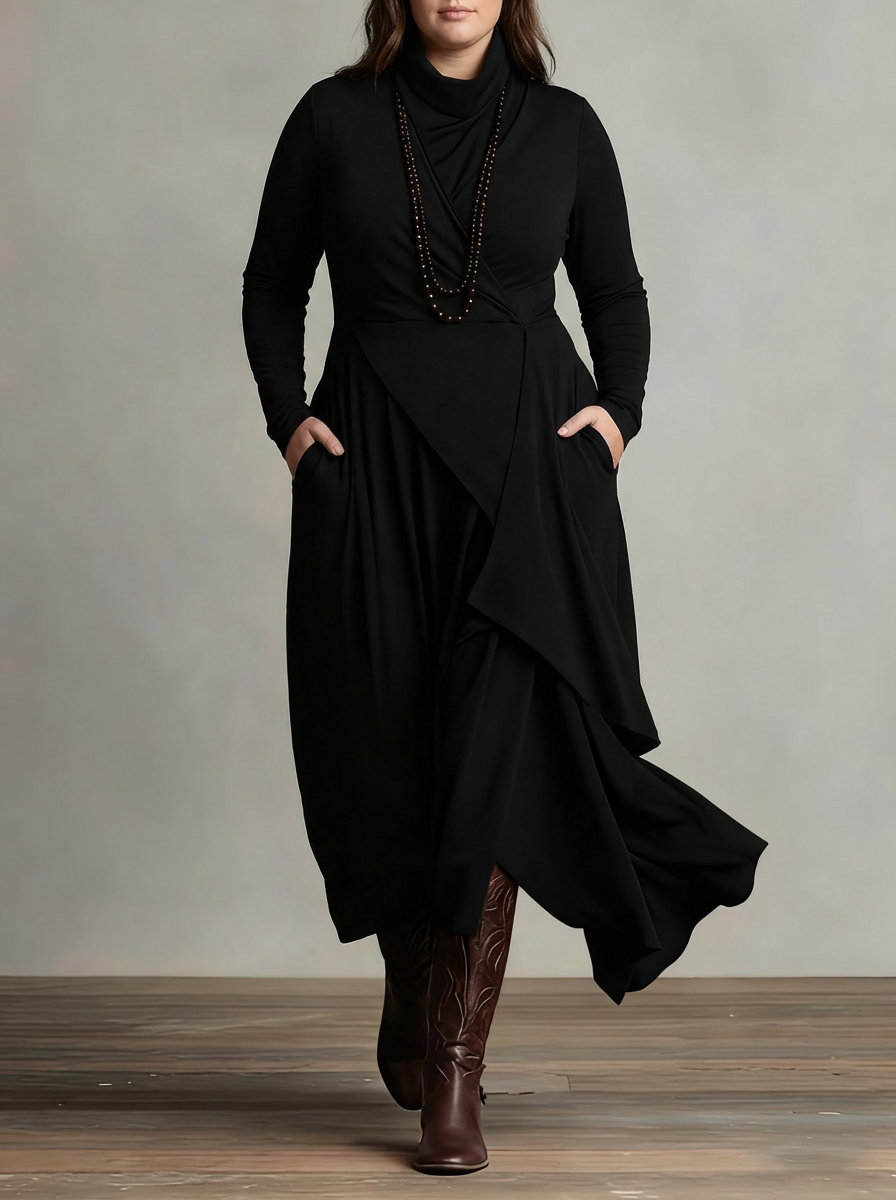 MONROE | PLEATED ASYMMETRIC HIGH COLLAR MAXI DRESS