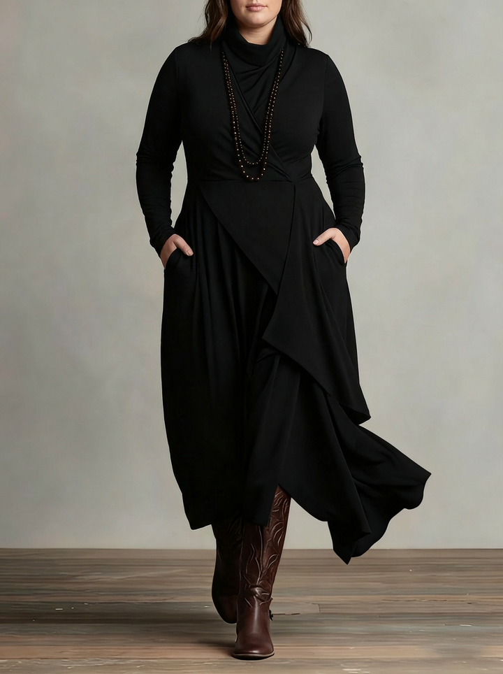 MONROE | PLEATED ASYMMETRIC HIGH COLLAR MAXI DRESS