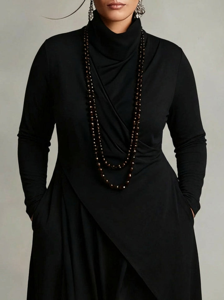 MONROE | PLEATED ASYMMETRIC HIGH COLLAR MAXI DRESS