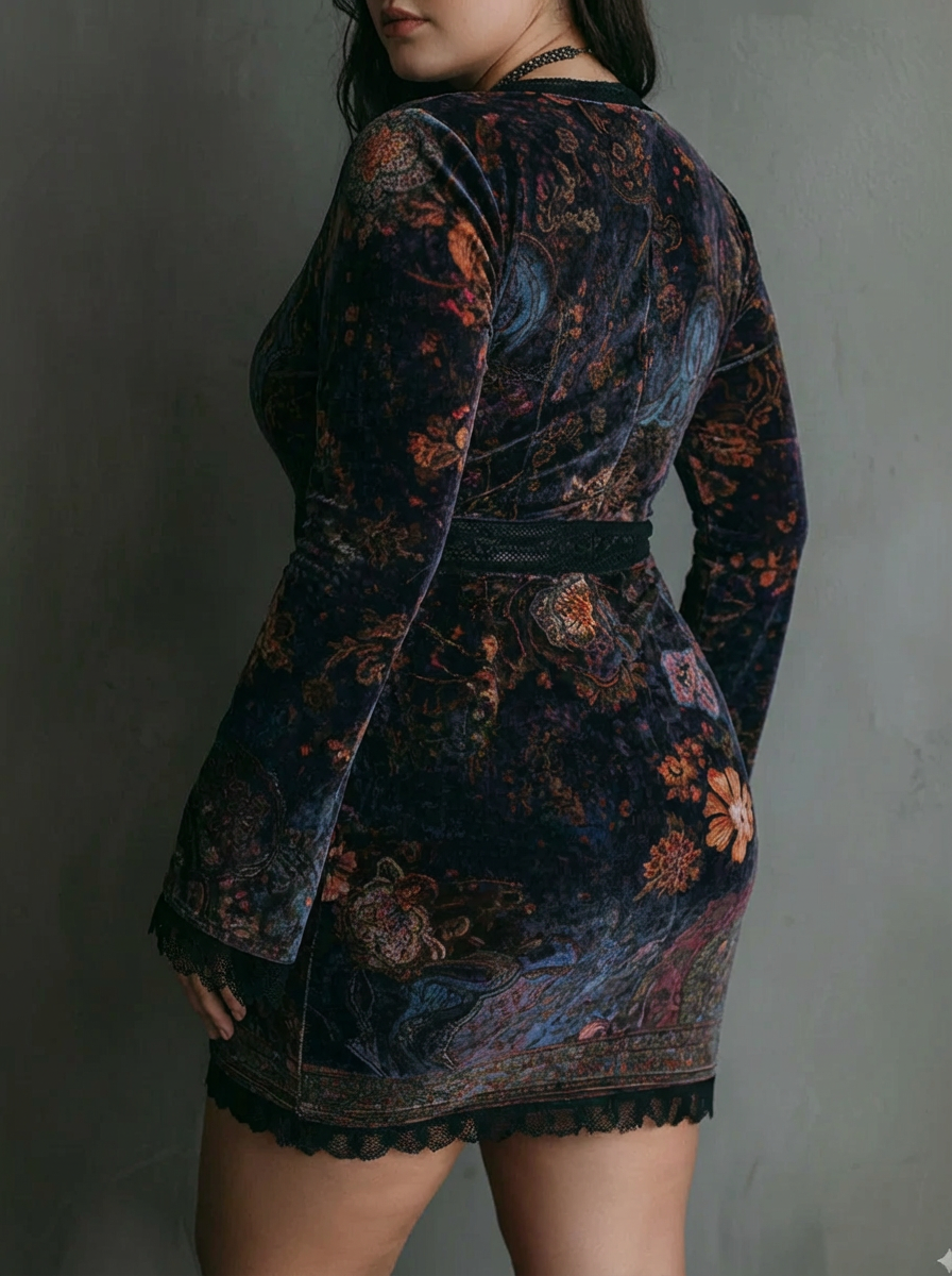 Yara | Blomsterprint V-Hals Fløjl Blonde Trim Slim-Fit Mini Kjole